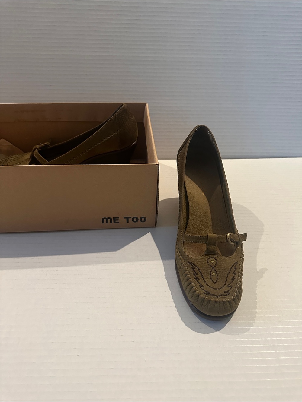 me too Olive Green Suede Wedge Loafers with Bow Accent